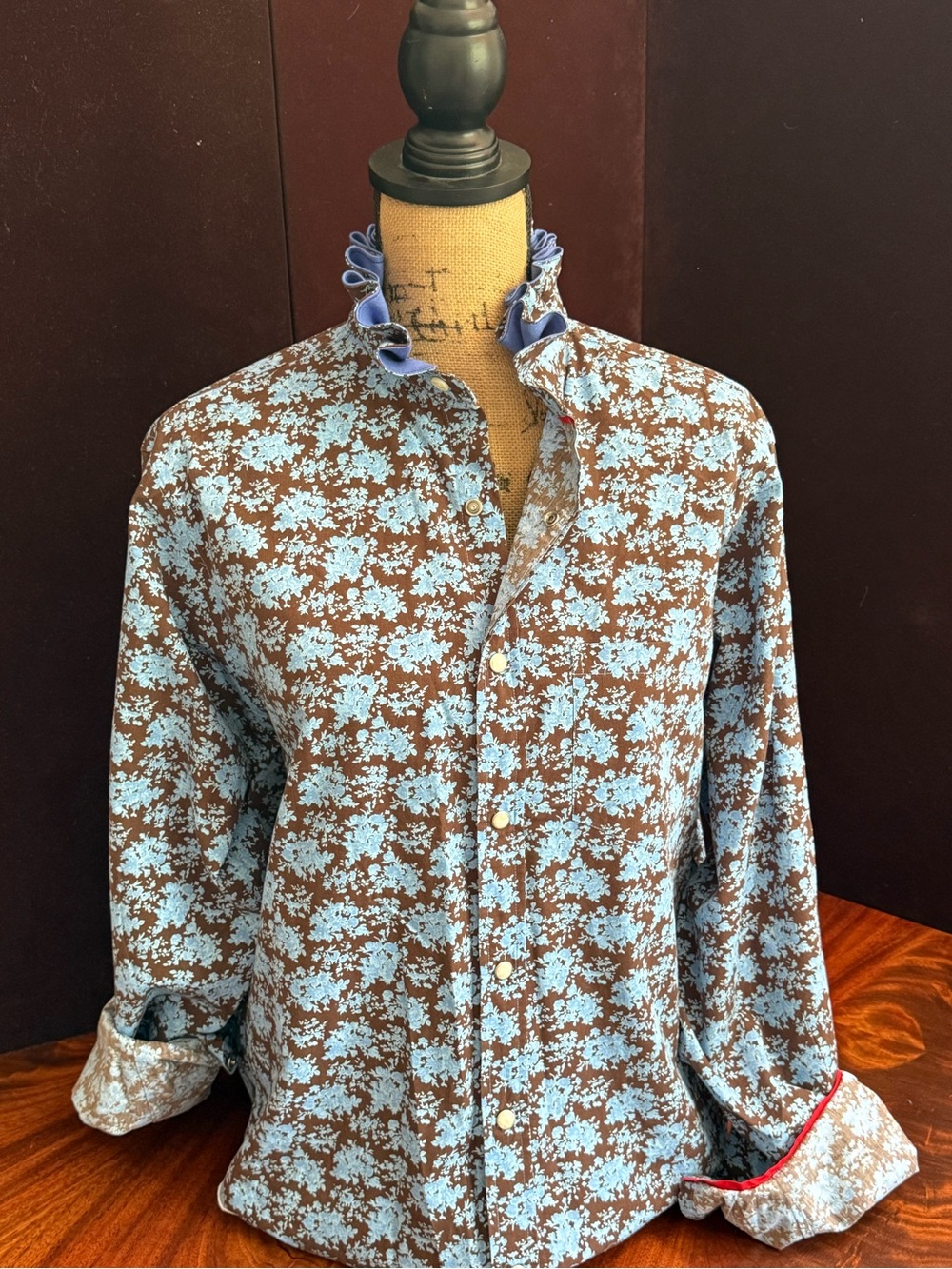 Upcycled Daniel Cremieux Brown Shirt with Light Blue Floral Print